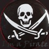 Circular black icon with white skull and crossed swords, repeated in a pattern with faint text overlay