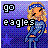 Pixelated static buddy icon featuring a cartoon woman with blonde hair and blue headband standing against purple gradient background, with "go eagles" text in blocky pixel font.