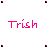Animated sequence of pink 'Trish' text above dotted crosshair grids with small heart symbols appearing and disappearing in various positions.