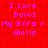 Red background with repeating heart pattern, purple text reading "I Love David My Bff's r Alexis" in two identical vertical