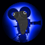 Animated blue sphere with a dark gray cartoon character holding a film projector, eyes shifting left to right