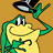 Pixelated character with yellow face, green limbs, and black-and-white hat against brown background.