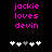 Pixelated text 'jackie loves devin' in bright pink on black background with white and gray heart icons below.
