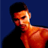 Pixelated image of a person with short dark hair wearing a dark top against a solid dark blue background.