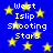 Blue background with yellow stars and repeated white text reading "West Islip Shooting Stars" in pixelated font.