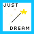 Four 50x50 pixel animated frames of a buddy icon showing a magic wand with changing sparkles and text "JUST DREAM" on white background.
