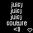 Pixelated text 'juicy' repeated three times above 'couture', with '<9' and a heart symbol below, on a black background.