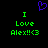 A static digital image with green text reading "I Love Alex!!<3" on both sides of a purple pixelated heart symbol against black background.