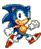 Pixelated Sonic the Hedgehog icon in two poses: running left with arms back and standing right with arms forward, blue spines, orange muzzle, red shoes.