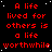 Red pixelated text repeats 'A life lived for others is a life worthwhile' across multiple on black background with scattered white dots