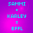 Pixelated cyan text on purple background displays 'SAMMI + KARLEY = BFFL' in four identical with subtle gradient shifts
