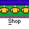 Animated contact sheet showing 12 sequential frames of a yellow stick figure character interacting with clothing items and a shop counter, each frame labeled "Shop" below.