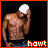 Pixelated image of a shirtless muscular man with light brown skin holding his head, standing against black background with orange border and red text.