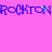 Pixelated blue text 'ROCKTON' repeated twice on a solid pink background with scattered cyan dots.