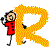 Pixelated animation of a stick figure in red clothing holding a golf club, positioned next to a large yellow letter R with heart-shaped cutout.