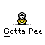 Pixel art character with white face and black eyes in yellow outfit, displayed in with text captions and speech bubbles