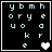 Pixelated of light blue letters on black background with animated heart and broken heart icons changing in bottom-right corner