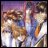 Pixelated anime-style image of two characters embracing, one with brown hair and blue clothing, the other with dark hair and white clothing, against a purple background.