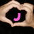 Six heart-shaped hand frames display individual letters and a full name in a , each with distinct colors and styles