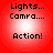 Four identical red circular icons with white gradients display black pixelated text reading "Lights... Camra.... Action!" in three lines.