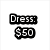 Pixelated text labels list dress, tiara, and make-up prices above a central photo of a person with brown hair and dark clothing.