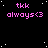 Pixelated pink text 'tkk always<3' repeated across a black background with scattered white dots, one gray rectangle in the bottom-right corner.