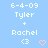 Light blue background with repeated text entries showing '6-4-09 Tyler + Rachel <3' and varying heart symbols in pink.