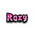 Pixelated text 'Roxy' in pink and magenta hues with dark outlines on a white background.