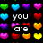 Pixelated heart-shaped icons in multiple colors arranged around white text reading "you are the opposite of <3 ordinary" on a black background.
