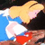 A split-screen image with a cartoon character on the left and pixelated text on blue backgrounds. The character has light brown hair, pink cheeks, and wears a red top.