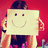 A person holds a light-colored square card with a simple smiley face drawn on it, positioned in front of their face against a red background.
