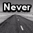 Black-and-white animated road scene with text "Never looking back." appearing sequentially over four