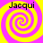 Four identical spiral patterns with yellow and pink hues, each containing the text "Jacqui" in black font above a central swirl.