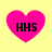Four identical pink heart-shaped icons with black text "HHS" centered on a yellow background, arranged in a