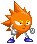 Pixelated orange sun-like character with spiky rays, silver arms, blue shoes, and white eyes showing yellow pupils in four sequential poses.