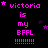 Pixelated pink text on black background reads "victoria is my BFFL !!!!!!!!" with scattered purple stars, some frames show star positions shifting slightly.