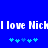 Blue background with white pixelated text reading "I love Nich" repeated twice, below which are two of five light blue plus signs each
