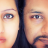 Two human faces in close-up, split vertically by a dark vertical line, with visible eyes, eyebrows, and partial noses on a light background.