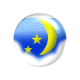 A spherical icon with blue sky, white clouds, yellow crescent moon, and two yellow stars in various orientations.