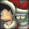 Two cartoon characters wearing Santa hats, one human with a wide open mouth and the other a robot with a toothy grin, both in close-up view.