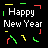 Black background with white 'Happy New Year' text and colorful pixelated confetti in green, red, yellow, and orange.