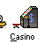 Pixel art of a character with white eyes and yellow shirt sitting at red desk, interacting with dark gray machine displaying blue dollar sign; repeated in pattern