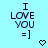 Light blue background displays 'I LOVE YOU =]' text with a pixelated heart below, showing animation change between frames.