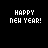 Pixelated 'HAPPY NEW YEAR!' text with scattered colored dots on black background, animated in a of five and five