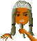 Pixelated character with orange skin and gray braided hair wears a silver headpiece, holds a microphone, and displays changing hand gestures across frames.