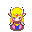 Pixel art character with blonde hair, red forehead gem, blue eyes, pink and brown outfit on gray background.