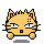 Pixel art cat with yellow fur, black outlines, and red nose in two poses: neutral face on left, paw raised to eye on right.