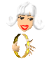 Pixelated avatar with white curly hair, red lips, and a golden tambourine in four sequential poses showing hand movements.