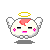 Pixelated character with white body, pink hair patch, yellow halo, and gray wings showing sequential facial expressions from neutral to crying.