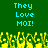 Green background with cyan text reading "They Love MOI!" repeated twice, yellow pixelated shapes at the bottom resembling grass or flames.